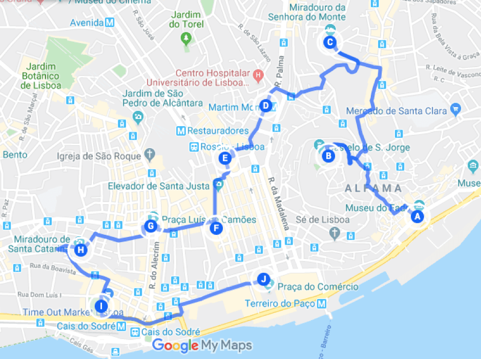 Walk Your Way Through Lisbon - Google Maps Walking Route from Point A to Point J